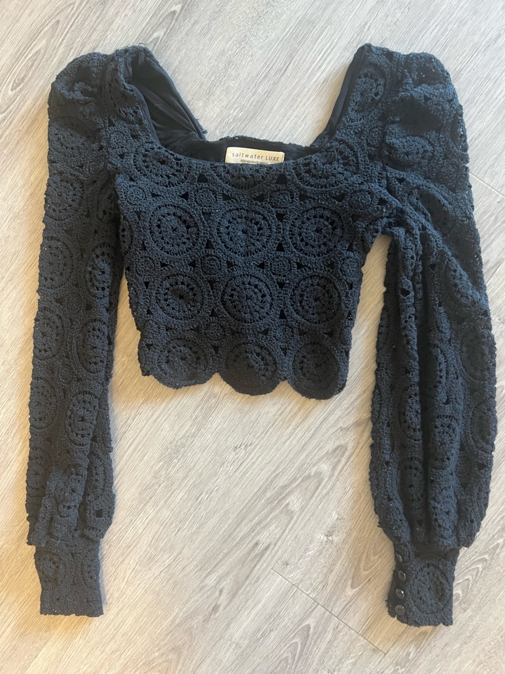 saltwater LUXE Black Crochet Puff-Sleeve Cropped Top